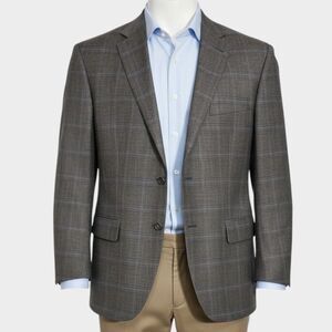 JOS A BANK Mens Blazer Sport Coat 2-Button Jacket 46R Gray Wool Windowpane Plaid